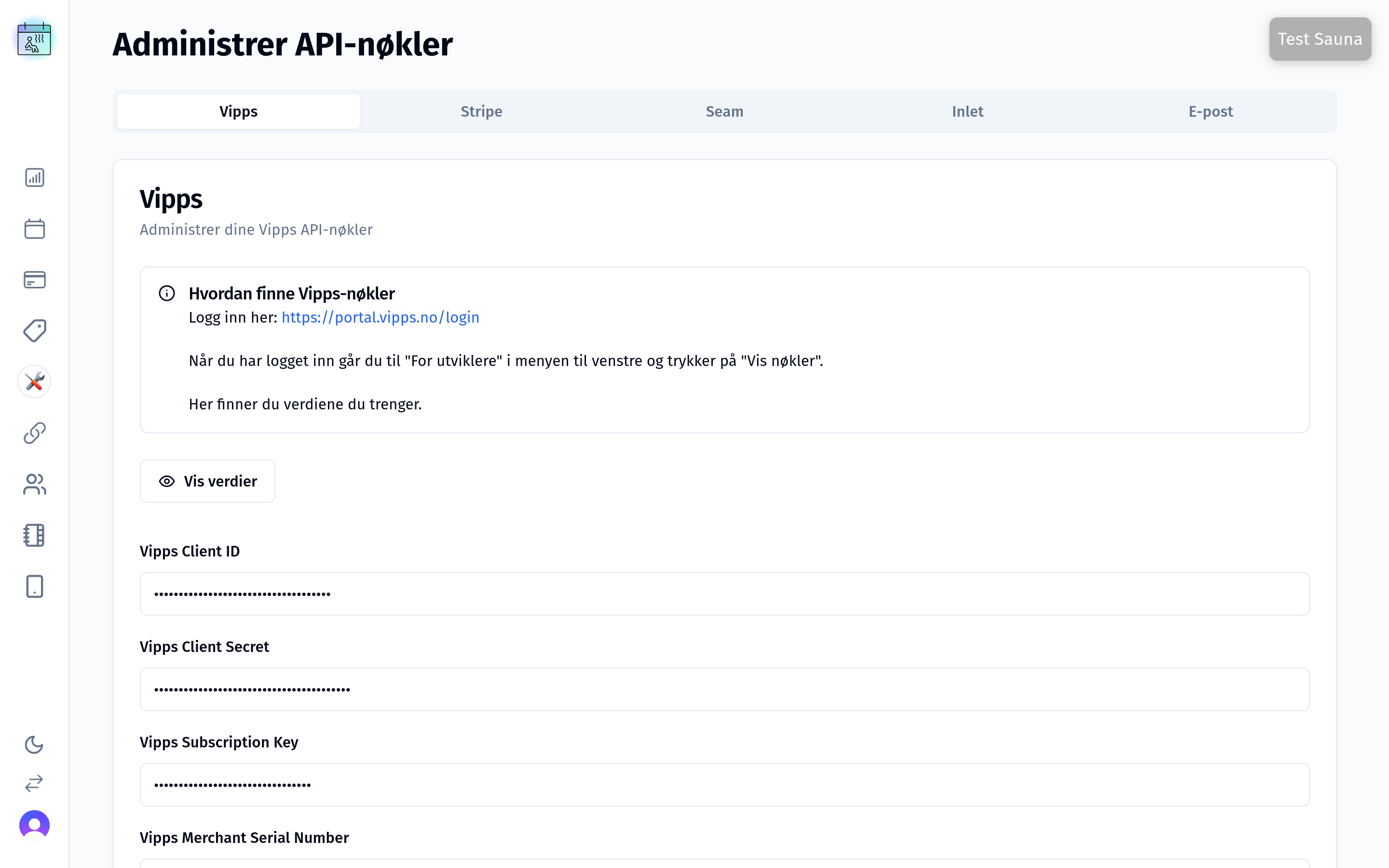 API nøkler SaunaBooking kontrollpanel - API nøkler