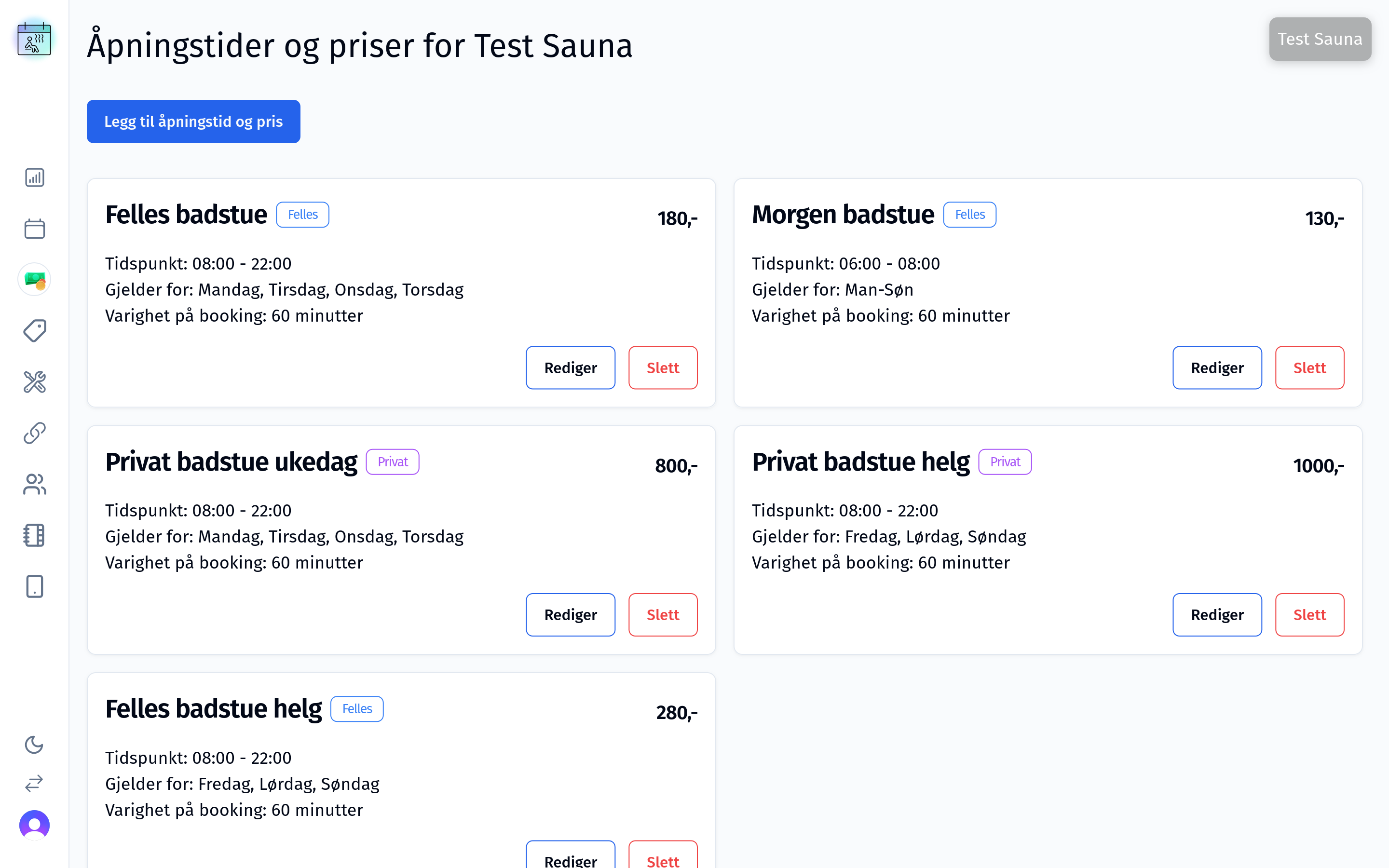 Åpningstider og priser SaunaBooking kontrollpanel - Åpningstider og priser