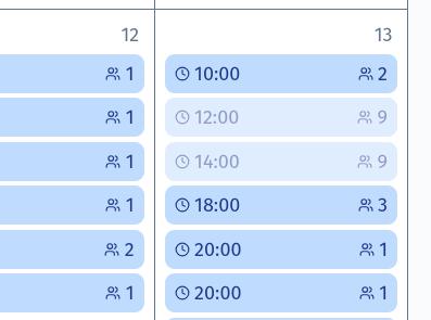 Bookinger som venter på betaling er grået ut. Ubetalte bookinger
