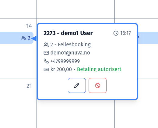 Trykk på en booking for å se detaljene umiddelbart. Se valgt booking